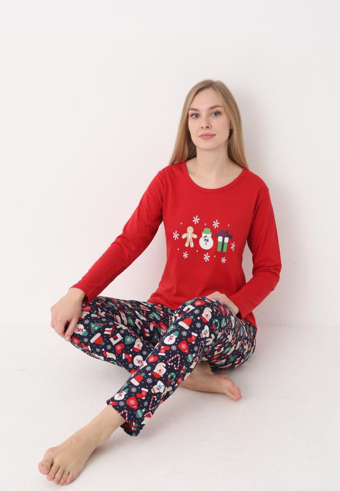 Pijama dama Craciun,maneca lunga si pantaloni lungi,imprimeu figurine festive, En-gros